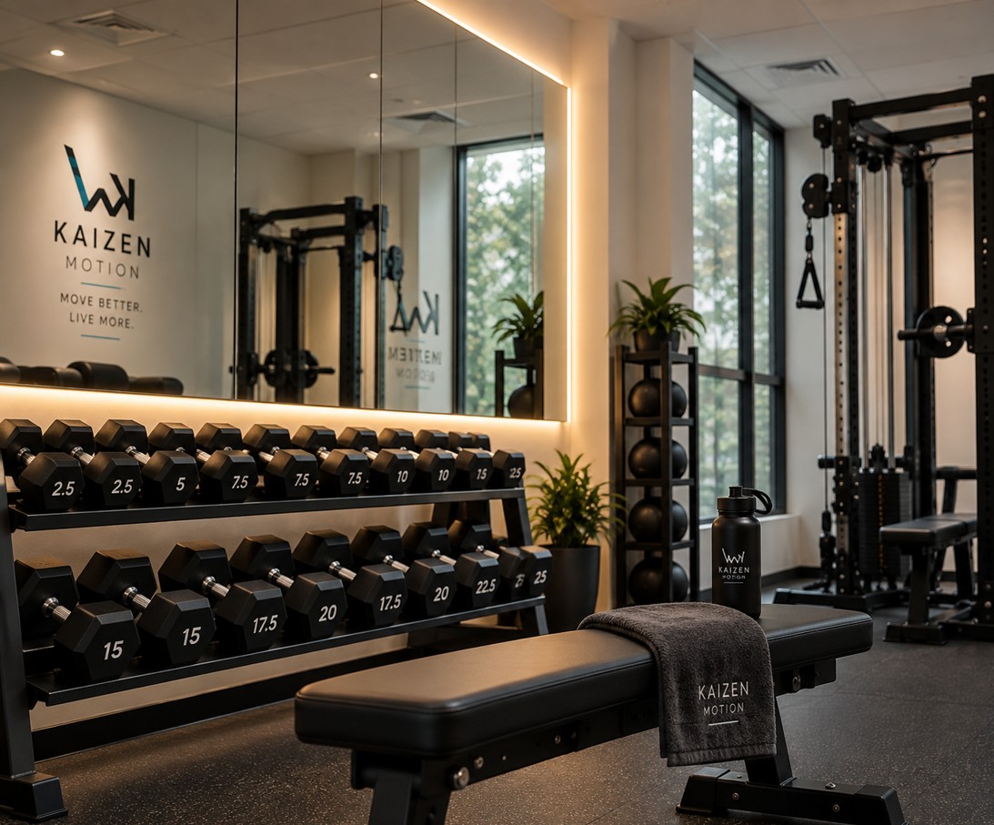 Kaizen Motion private training space with dumbbells, bench and strength equipment